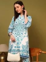 Women’s Off White & Turquoise Ethnic Printed Kurti with Palazzo Co-Ord Set – Designer Two Piece Outfit - Image 3