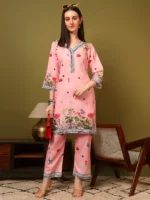 Women’s Blush Pink Floral Printed Kurti with Palazzo Co-Ord Set – Elegant Designer Two Piece Outfit