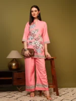 Women’s Gajari Pink Floral Printed Kurti with Palazzo Co-Ord Set – Designer Ethnic Two Piece Outfit