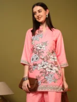 Women’s Gajari Pink Floral Printed Kurti with Palazzo Co-Ord Set – Designer Ethnic Two Piece Outfit - Image 2
