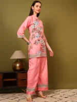 Women’s Gajari Pink Floral Printed Kurti with Palazzo Co-Ord Set – Designer Ethnic Two Piece Outfit - Image 3