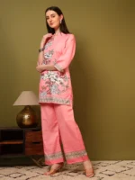 Women’s Gajari Pink Floral Printed Kurti with Palazzo Co-Ord Set – Designer Ethnic Two Piece Outfit - Image 4