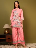 Women’s Gajari Pink Floral Printed Kurti with Palazzo Co-Ord Set – Designer Ethnic Two Piece Outfit - Image 5