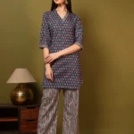 Women’s Blue Printed Kurti with Striped Palazzo Co-Ord Set – Elegant Daily Wea