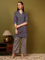 Women’s Blue Printed Kurti with Striped Palazzo Co-Ord Set – Elegant Daily Wea