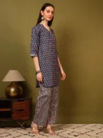Women’s Blue Printed Kurti with Striped Palazzo Co-Ord Set – Elegant Daily Wea - Image 2