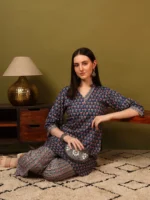 Women’s Blue Printed Kurti with Striped Palazzo Co-Ord Set – Elegant Daily Wea - Image 5