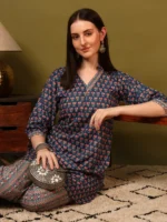 Women’s Blue Printed Kurti with Striped Palazzo Co-Ord Set – Elegant Daily Wea - Image 4