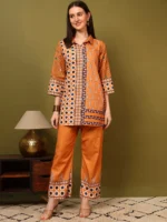 Women’s Mustard Printed Kurti with Palazzo Co-Ord Set – Designer Statement Ethnic Wear