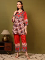 Women’s Red Geometric Printed Kurti with Palazzo Co-Ord Set – Designer Ethnic Statement Wear - Image 3