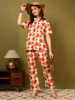 Women’s Orange Geometric Printed Shirt & Pant Co-Ord Set – Modern Casual Wear