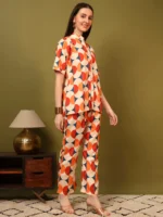 Women’s Orange Geometric Printed Shirt & Pant Co-Ord Set – Modern Casual Wear - Image 2