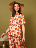 Women’s Orange Geometric Printed Shirt & Pant Co-Ord Set – Modern Casual Wear - Image 3