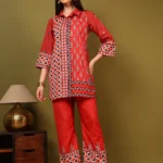 Women’s Red Designer Collar Kurti with Palazzo Co-Ord Set – Bold Ethnic Wear