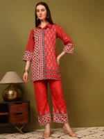 Women’s Red Designer Collar Kurti with Palazzo Co-Ord Set – Bold Ethnic Wear
