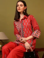Women’s Red Designer Collar Kurti with Palazzo Co-Ord Set – Bold Ethnic Wear - Image 2