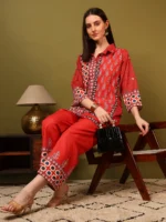Women’s Red Designer Collar Kurti with Palazzo Co-Ord Set – Bold Ethnic Wear - Image 7