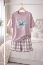 Butterfly Print Co-ord Night Set – Trendy Oversized T-Shirt & Check Shorts for Women - Image 12