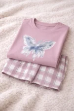Butterfly Print Co-ord Night Set – Trendy Oversized T-Shirt & Check Shorts for Women - Image 13