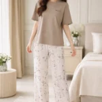 Royal Shopping  Elegant Mocha Floral Full-Length Night Suit – Premium Soft Lounge Wear for Women