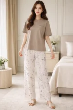 Royal Shopping  Elegant Mocha Floral Full-Length Night Suit – Premium Soft Lounge Wear for Women