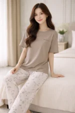 Royal Shopping  Elegant Mocha Floral Full-Length Night Suit – Premium Soft Lounge Wear for Women - Image 3