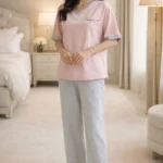 Simple Round-Neck Pink Lounge Night Suit – Premium Lycra Relaxed Night Suit for Women