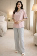 Simple Round-Neck Pink Lounge Night Suit – Premium Lycra Relaxed Night Suit for Women