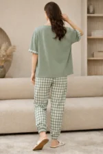 Royal Style Hub Sage Green Check Jogger Night Suit – Premium Relaxed Fit Lounge Wear Set for Women - Image 2