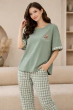 Royal Style Hub Sage Green Check Jogger Night Suit – Premium Relaxed Fit Lounge Wear Set for Women - Image 3