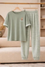 Royal Style Hub Sage Green Check Jogger Night Suit – Premium Relaxed Fit Lounge Wear Set for Women - Image 5