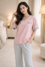 Simple Round-Neck Pink Lounge Night Suit – Premium Lycra Relaxed Night Suit for Women - Image 3