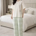 Ivory Mint Check Lounge Set – Minimal Premium Full-Length Night Suit for Women
