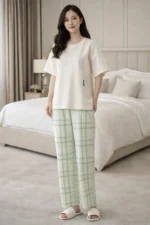 Ivory Mint Check Lounge Set – Minimal Premium Full-Length Night Suit for Women