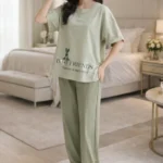 Sage Green Best Friends Lounge Set – Minimal Full-Length Comfort Night Suit for Women