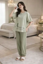 Sage Green Best Friends Lounge Set – Minimal Full-Length Comfort Night Suit for Women