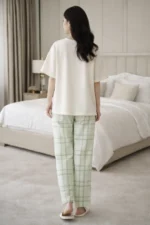 Ivory Mint Check Lounge Set – Minimal Premium Full-Length Night Suit for Women - Image 2
