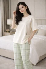 Ivory Mint Check Lounge Set – Minimal Premium Full-Length Night Suit for Women - Image 3