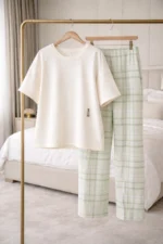 Ivory Mint Check Lounge Set – Minimal Premium Full-Length Night Suit for Women - Image 4