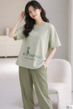 Sage Green Best Friends Lounge Set – Minimal Full-Length Comfort Night Suit for Women - Image 3