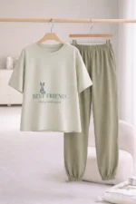 Sage Green Best Friends Lounge Set – Minimal Full-Length Comfort Night Suit for Women - Image 4