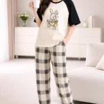 Royal Shopping Rabbit Check Lounge Night Suit – Contrast Sleeve Premium Comfort Set for Women