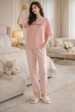 Pink Lazy Bears Lounge Set – Cute Printed Lycra Night Suit for Women