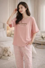 Pink Lazy Bears Lounge Set – Cute Printed Lycra Night Suit for Women - Image 3