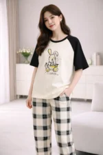 Royal Shopping Rabbit Check Lounge Night Suit – Contrast Sleeve Premium Comfort Set for Women - Image 2