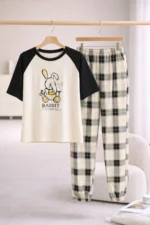 Royal Shopping Rabbit Check Lounge Night Suit – Contrast Sleeve Premium Comfort Set for Women - Image 4