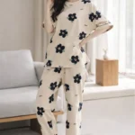 Beige Floral Luxe Lounge Set – Elegant Printed Lycra Night Suit for Women