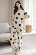 Beige Floral Luxe Lounge Set – Elegant Printed Lycra Night Suit for Women