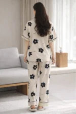 Beige Floral Luxe Lounge Set – Elegant Printed Lycra Night Suit for Women - Image 4