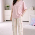 Blush Bow Stripe Lounge Set – Cute Printed Lycra Night Suit for Women